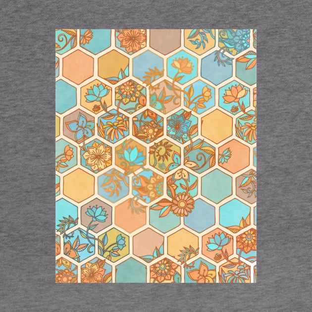 Golden Honeycomb Tangle - hexagon doodle in peach, blue, mint & cream by micklyn